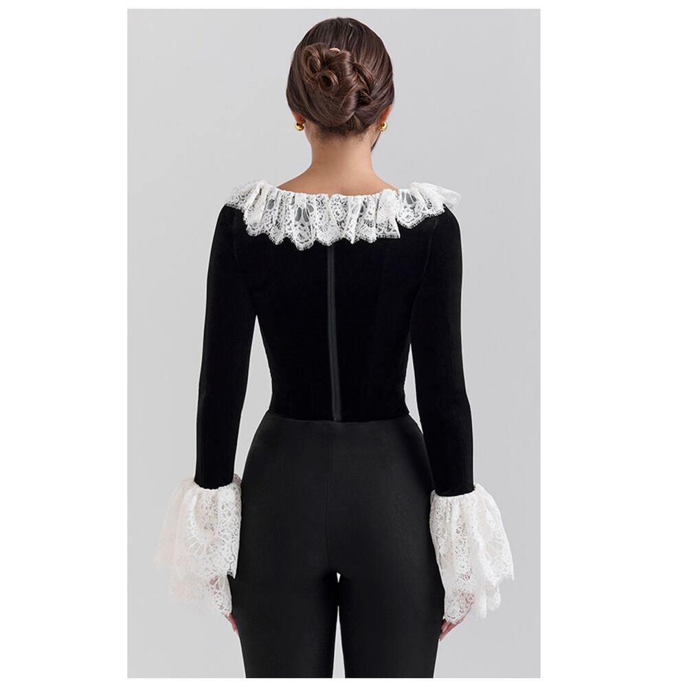 NEW HOUSE OF CB Jacinda Black Velvet Lace Trimmed Corset Top Size Medium - Picture 2 of 12